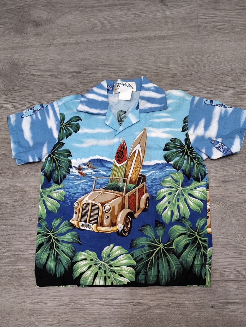 Vtg KY'S Boys Hawaiian Aloha Shirt Woody Car Surfboard Beach Made In Hawaii Sz 4